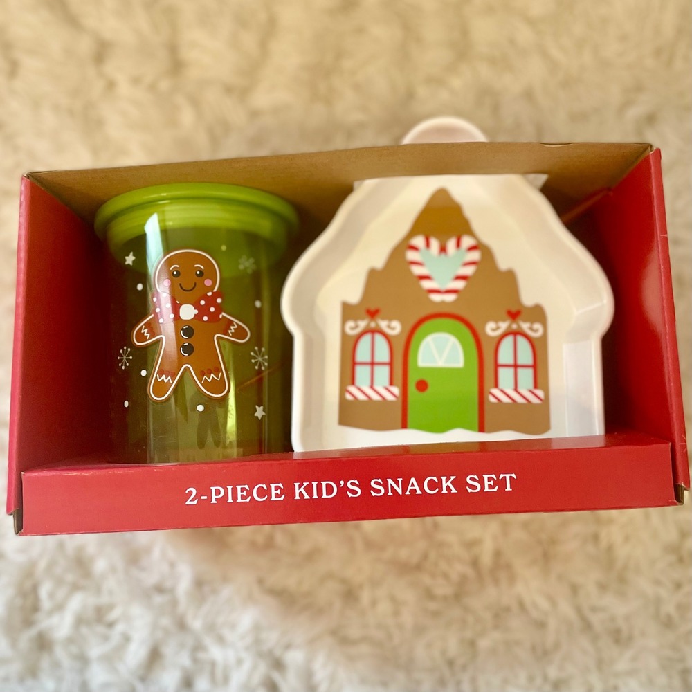 Kids Gingerbread House Snack‎ Set Cup Plate Straw Christmas Holiday